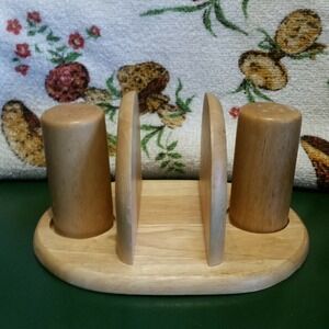Vintage Dansk Light Tone Wood Salt & Pepper Shakers W/ Napkin Holder Stand Set